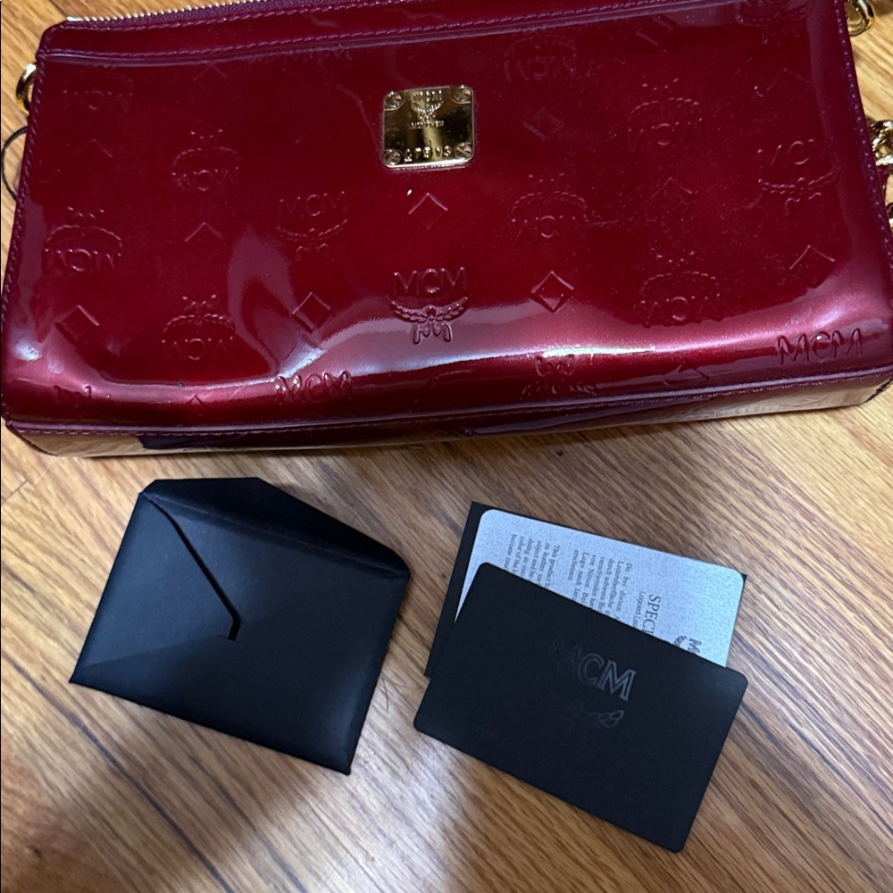 MCM Patent Leather Crossbody Bag in Burgundy with Gold Chain - Picture 5 of 5